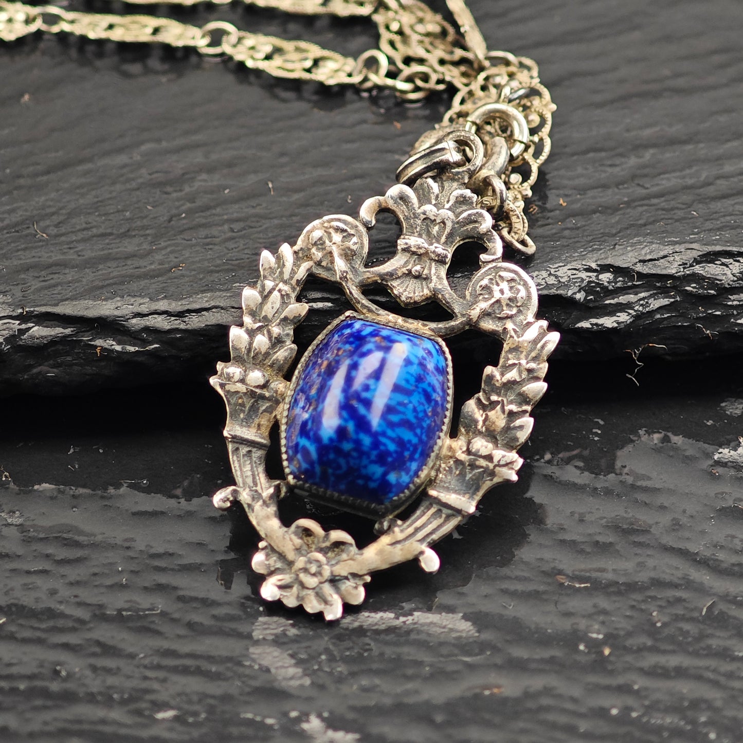 Blue Art Deco Glass, Sterling Silver Necklace N2710