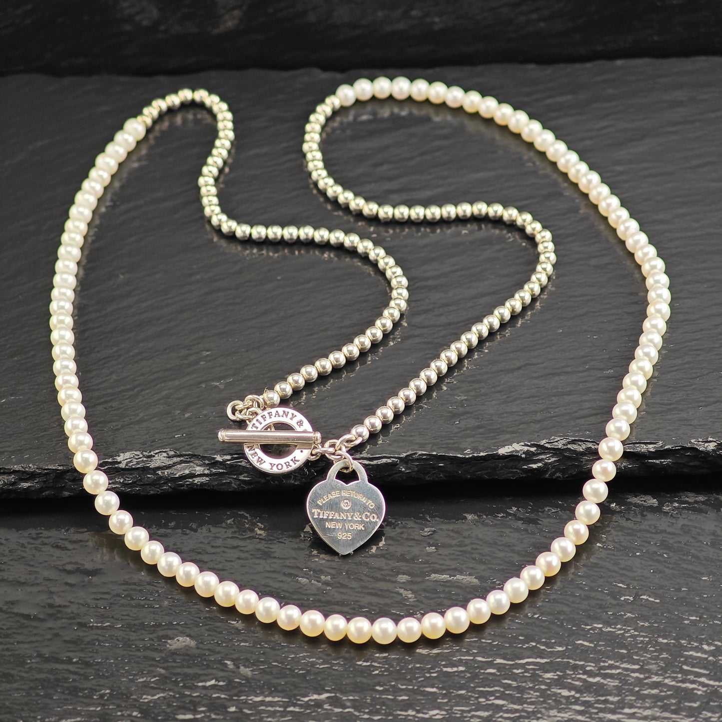 Vintage Tiffany Pearl & Diamond Heart Tag Wrap, Sterling Silver Beaded Necklace N2712