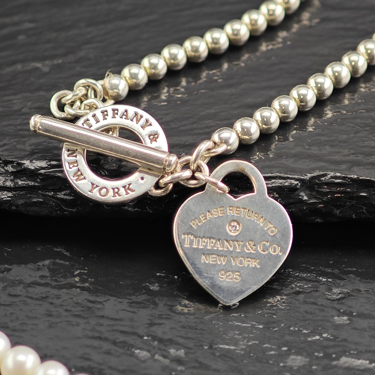 Vintage Tiffany Pearl & Diamond Heart Tag Wrap, Sterling Silver Beaded Necklace N2712