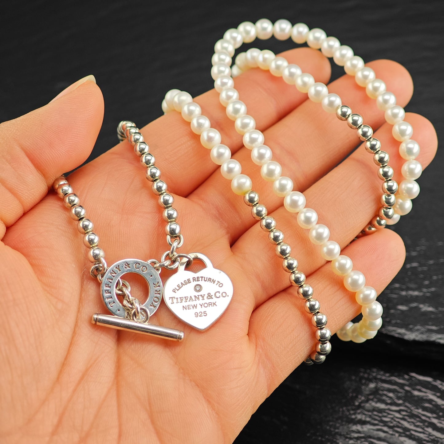 Vintage Tiffany Pearl & Diamond Heart Tag Wrap, Sterling Silver Beaded Necklace N2712