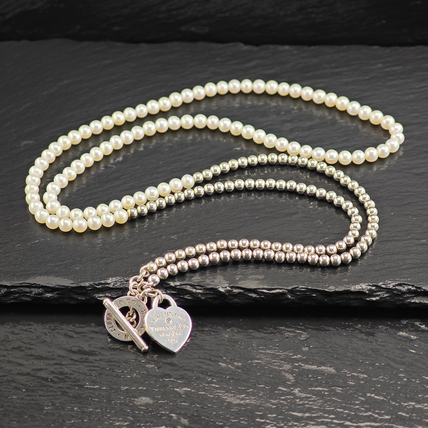 Vintage Tiffany Pearl & Diamond Heart Tag Wrap, Sterling Silver Beaded Necklace N2712