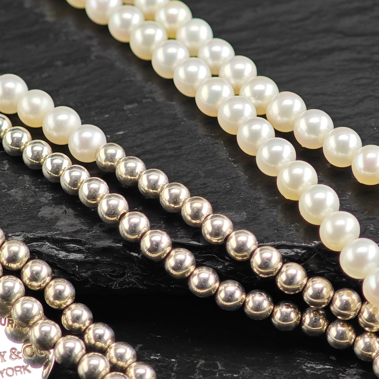 Vintage Tiffany Pearl & Diamond Heart Tag Wrap, Sterling Silver Beaded Necklace N2712