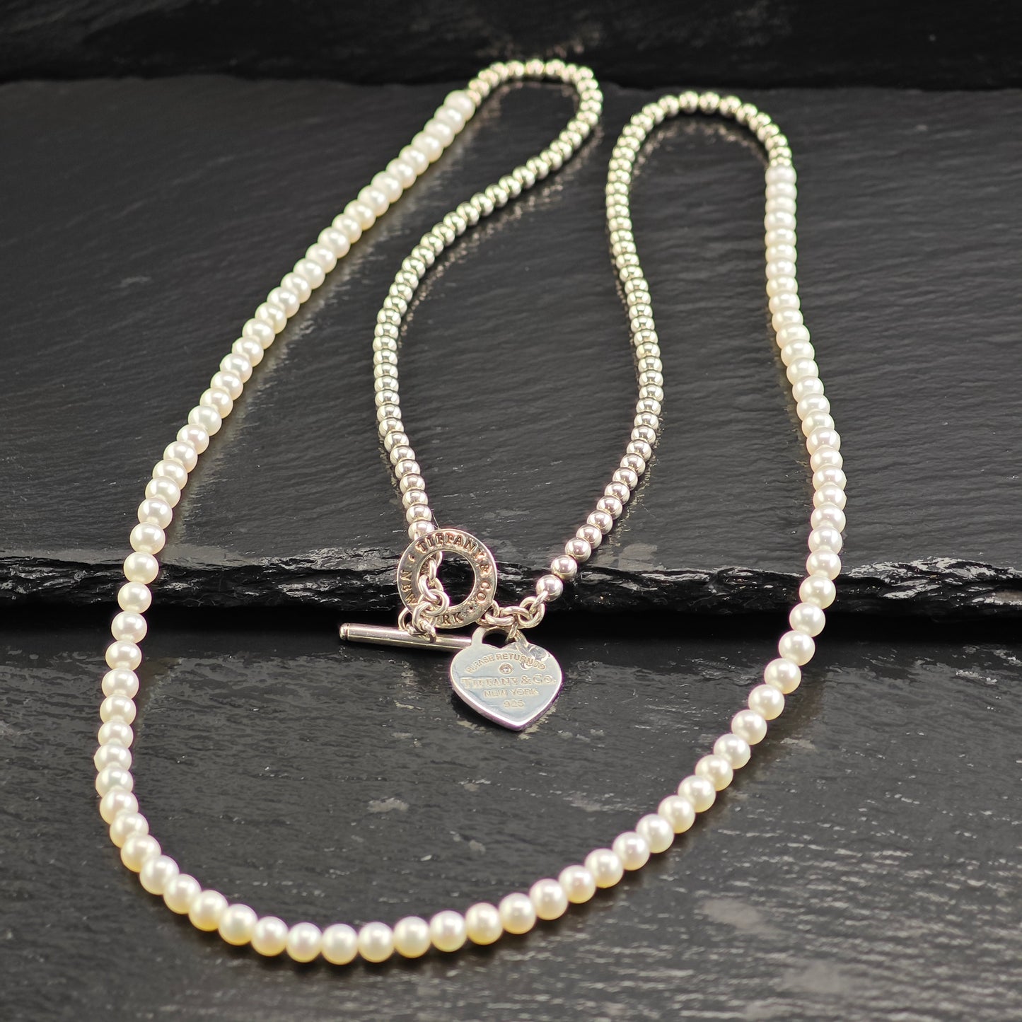 Vintage Tiffany Pearl & Diamond Heart Tag Wrap, Sterling Silver Beaded Necklace N2712