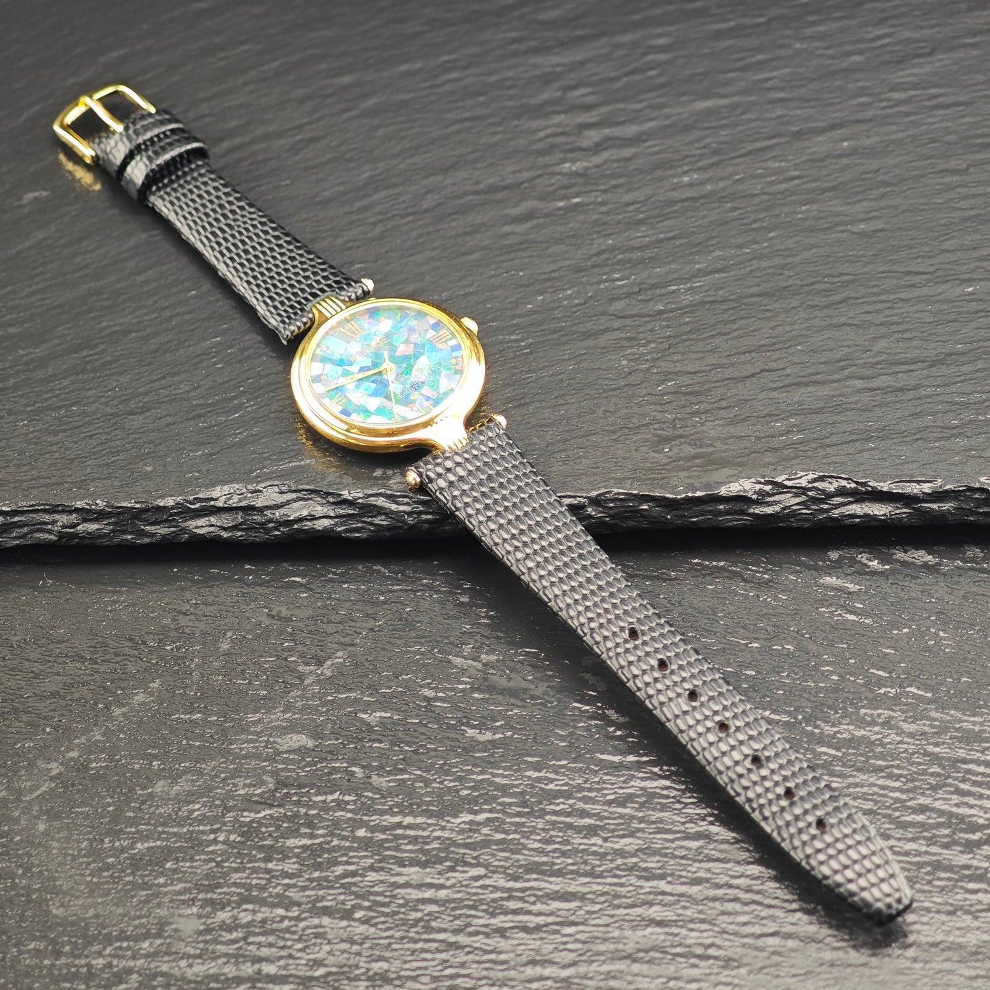 Faberge Swiss Quartz Black Opal Mosaic Dial Watch Sz 5" to 6 3/4" MISC0379