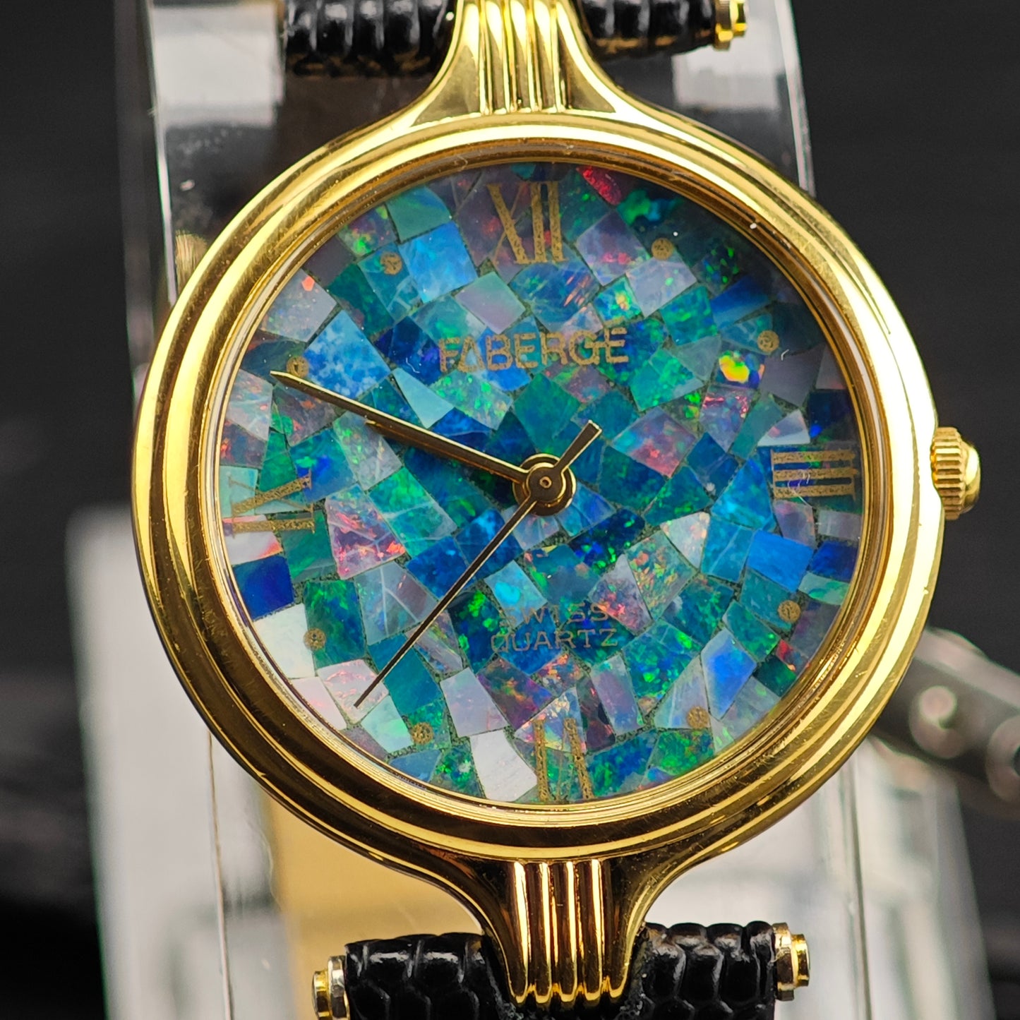 Faberge Swiss Quartz Black Opal Mosaic Dial Watch Sz 5" to 6 3/4" MISC0379