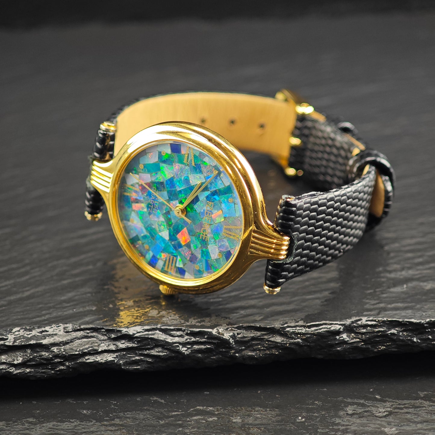 Faberge Swiss Quartz Black Opal Mosaic Dial Watch Sz 5" to 6 3/4" MISC0379