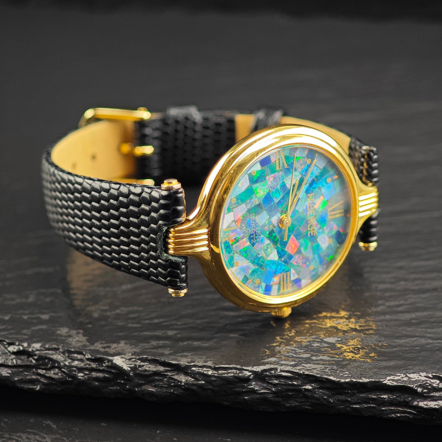Faberge Swiss Quartz Black Opal Mosaic Dial Watch Sz 5" to 6 3/4" MISC0379