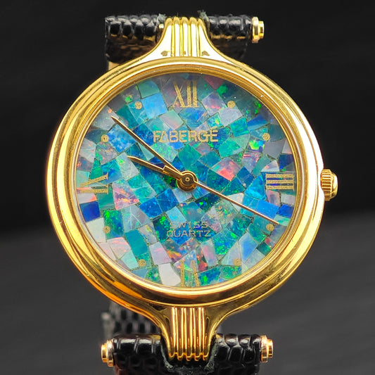 Faberge Swiss Quartz Black Opal Mosaic Dial Watch Sz 5" to 6 3/4" MISC0379
