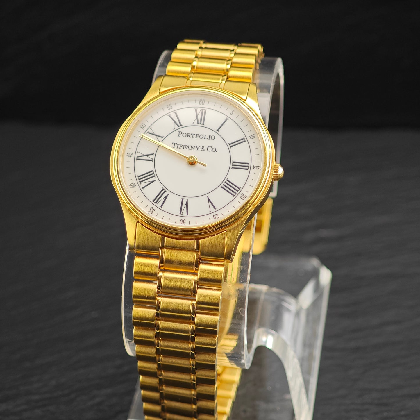 AS IS 33mm Portfolio Tiffany Gold Plated Stainless Steel Watch Sz 7 1/2" Previously Engraved BR3104