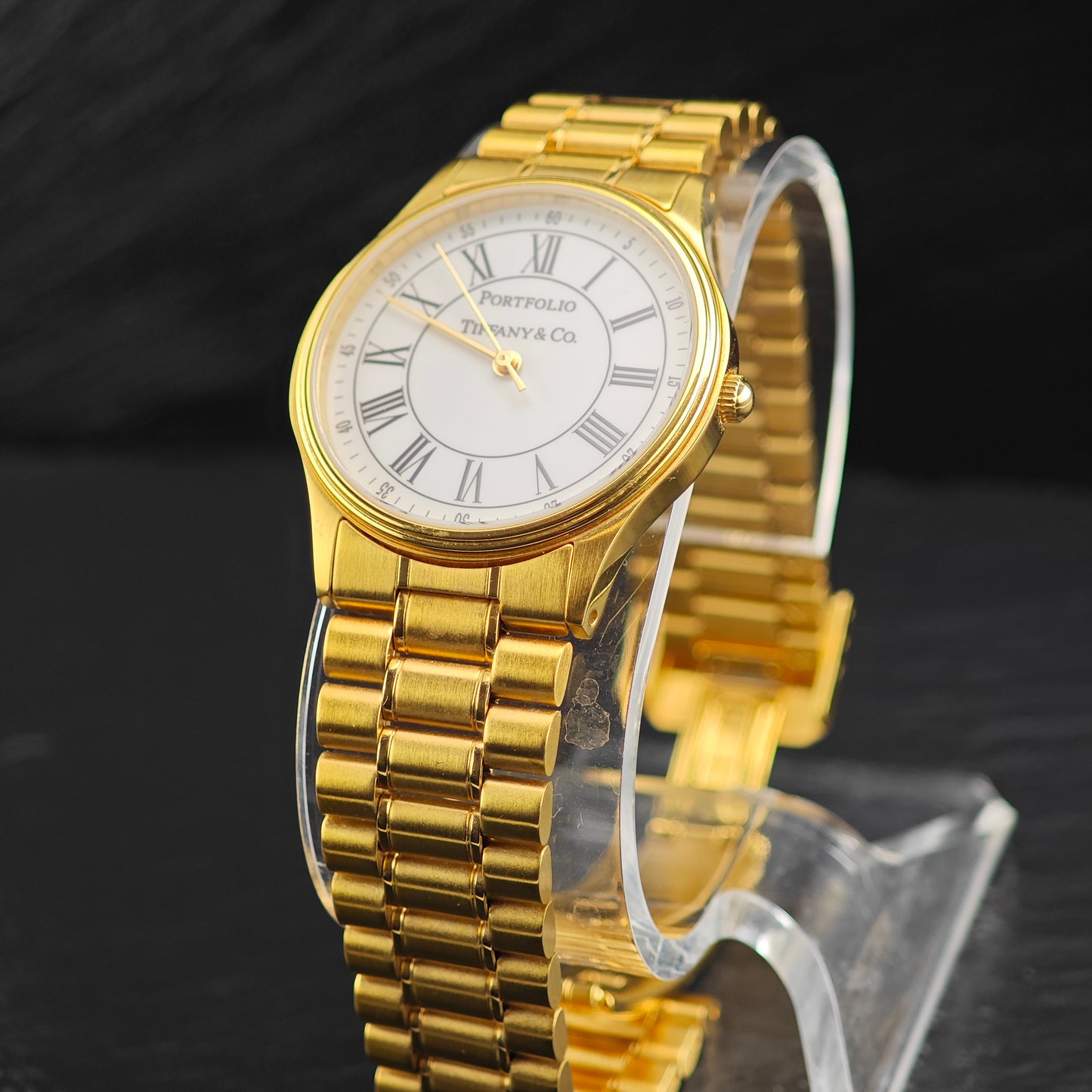 AS IS 33mm Portfolio Tiffany Gold Plated Stainless Steel Watch Sz 7 1/2" Previously Engraved BR3104