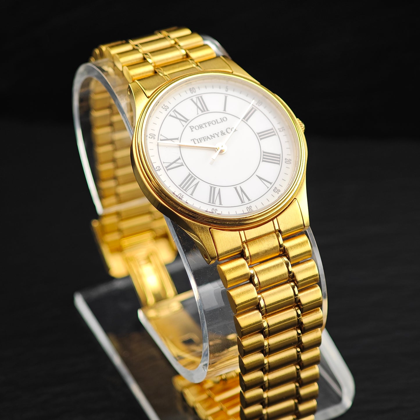 AS IS 33mm Portfolio Tiffany Gold Plated Stainless Steel Watch Sz 7 1/2" Previously Engraved BR3104