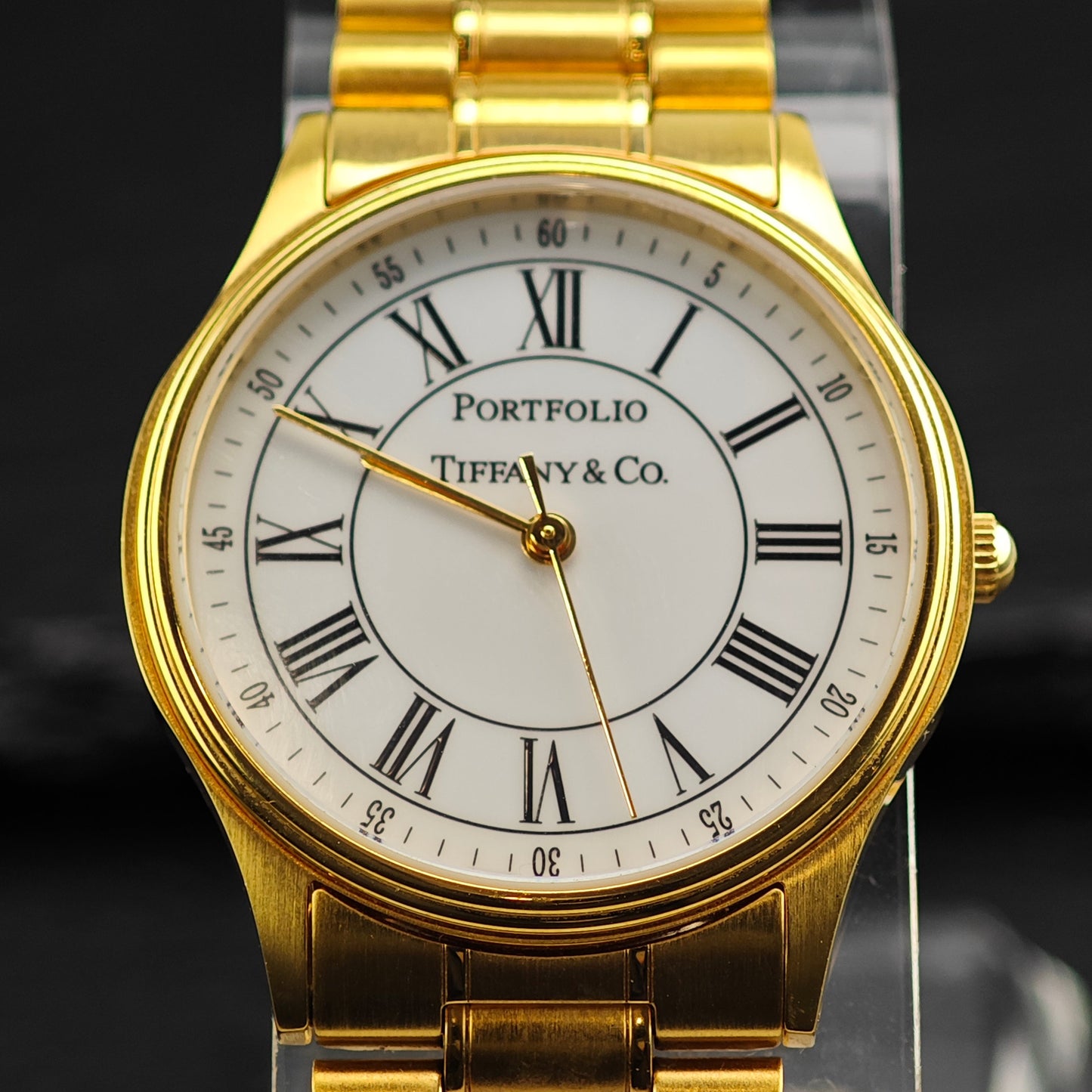 AS IS 33mm Portfolio Tiffany Gold Plated Stainless Steel Watch Sz 7 1/2" Previously Engraved BR3104