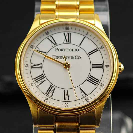 AS IS 33mm Portfolio Tiffany Gold Plated Stainless Steel Watch Sz 7 1/2" Previously Engraved BR3104