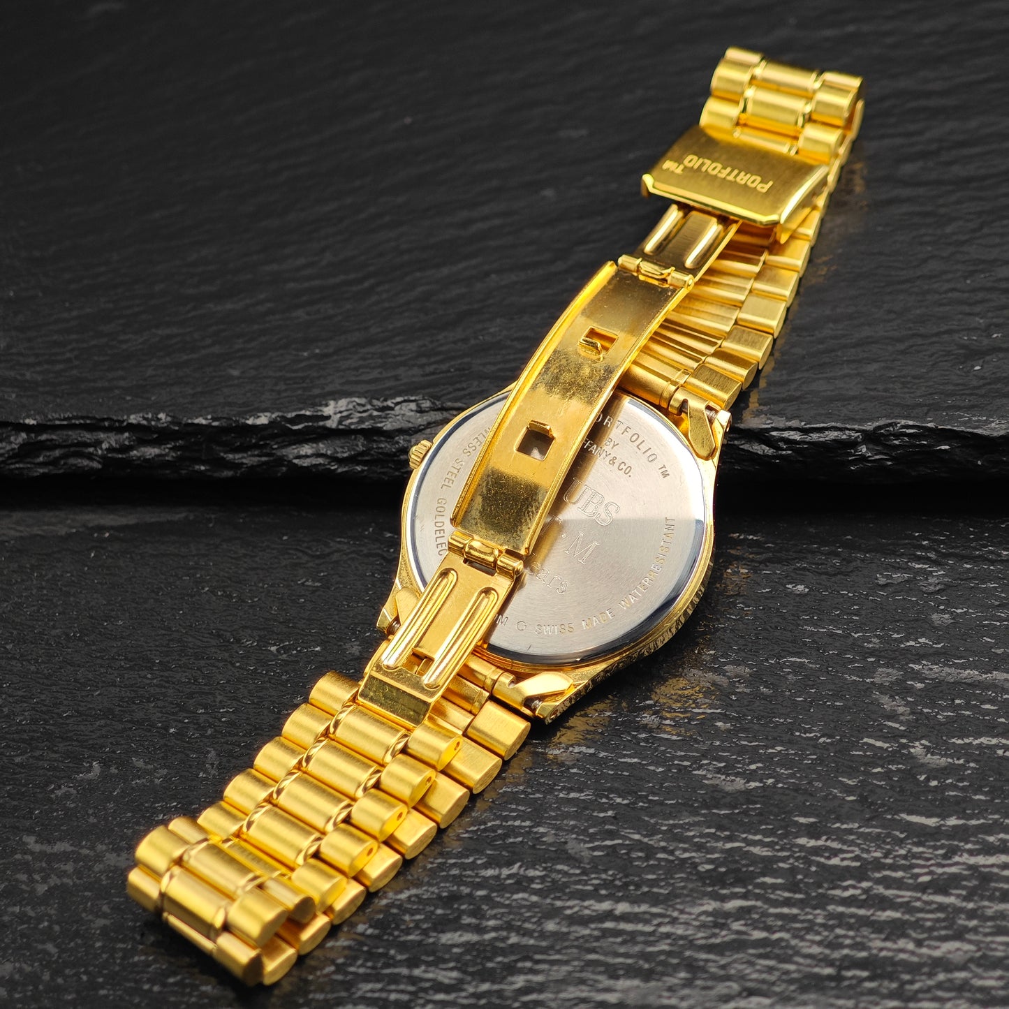 AS IS 33mm Portfolio Tiffany Gold Plated Stainless Steel Watch Sz 7 1/2" Previously Engraved BR3104