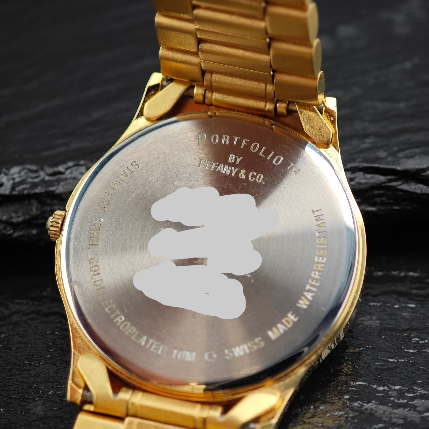 AS IS 33mm Portfolio Tiffany Gold Plated Stainless Steel Watch Sz 7 1/2" Previously Engraved BR3104