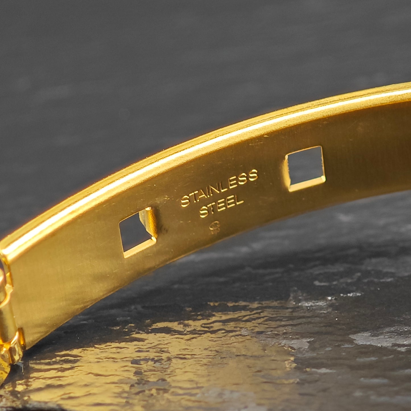 AS IS 33mm Portfolio Tiffany Gold Plated Stainless Steel Watch Sz 7 1/2" Previously Engraved BR3104