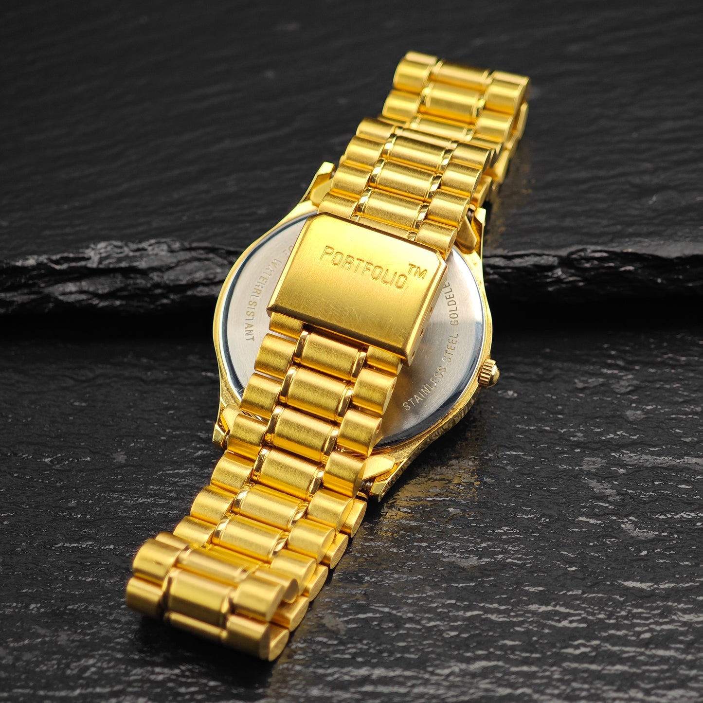 AS IS 33mm Portfolio Tiffany Gold Plated Stainless Steel Watch Sz 7 1/2" Previously Engraved BR3104