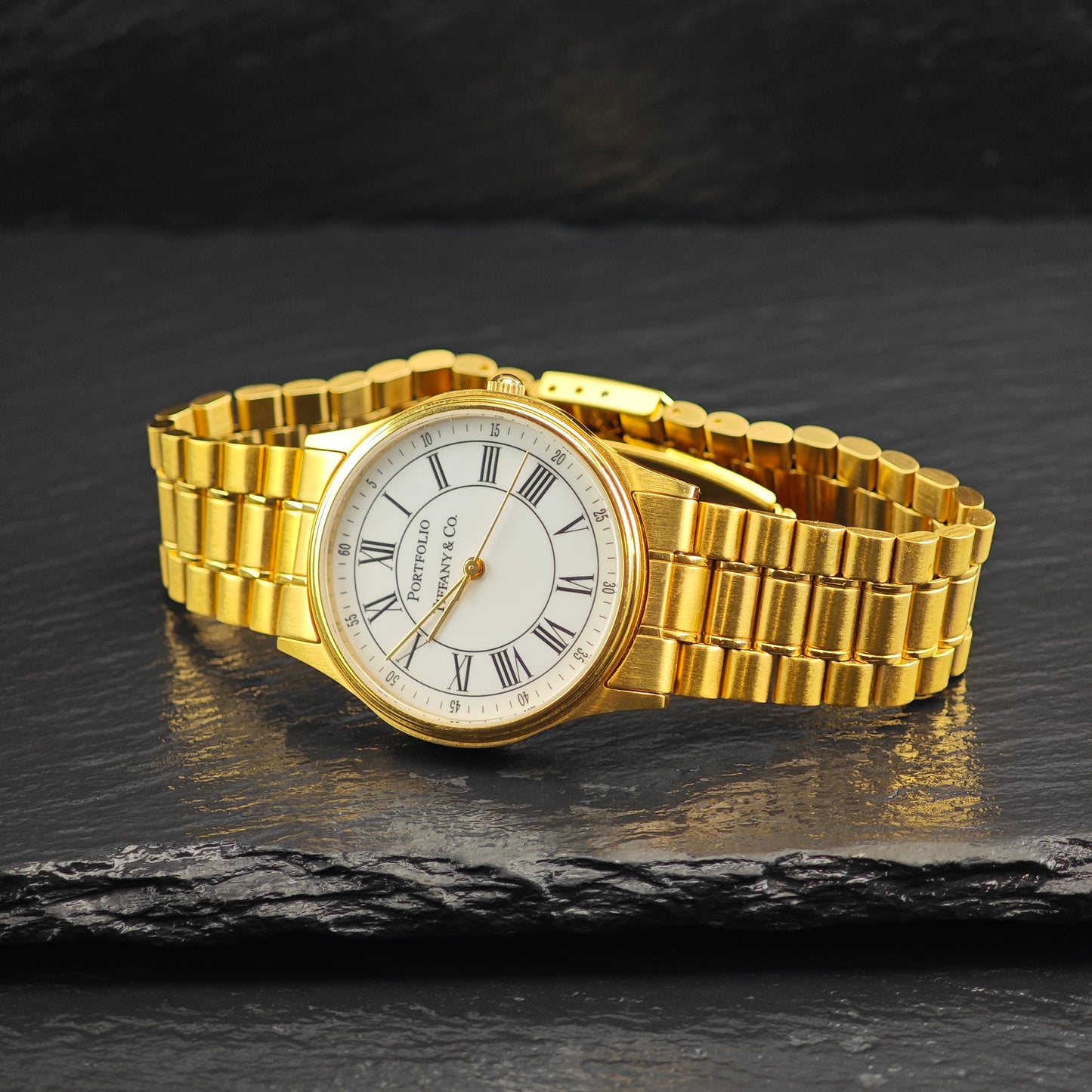 AS IS 33mm Portfolio Tiffany Gold Plated Stainless Steel Watch Sz 7 1/2" Previously Engraved BR3104