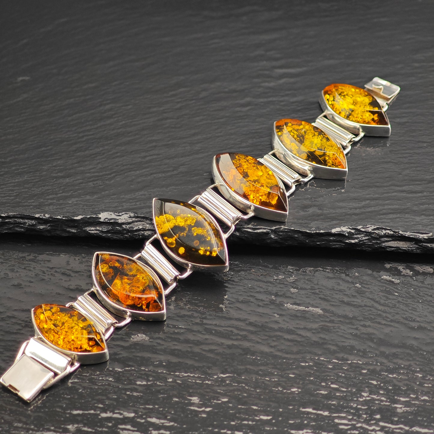 Large Baltic Amber Link Bracelet Sterling Silver Sz 7" BR3107Dor