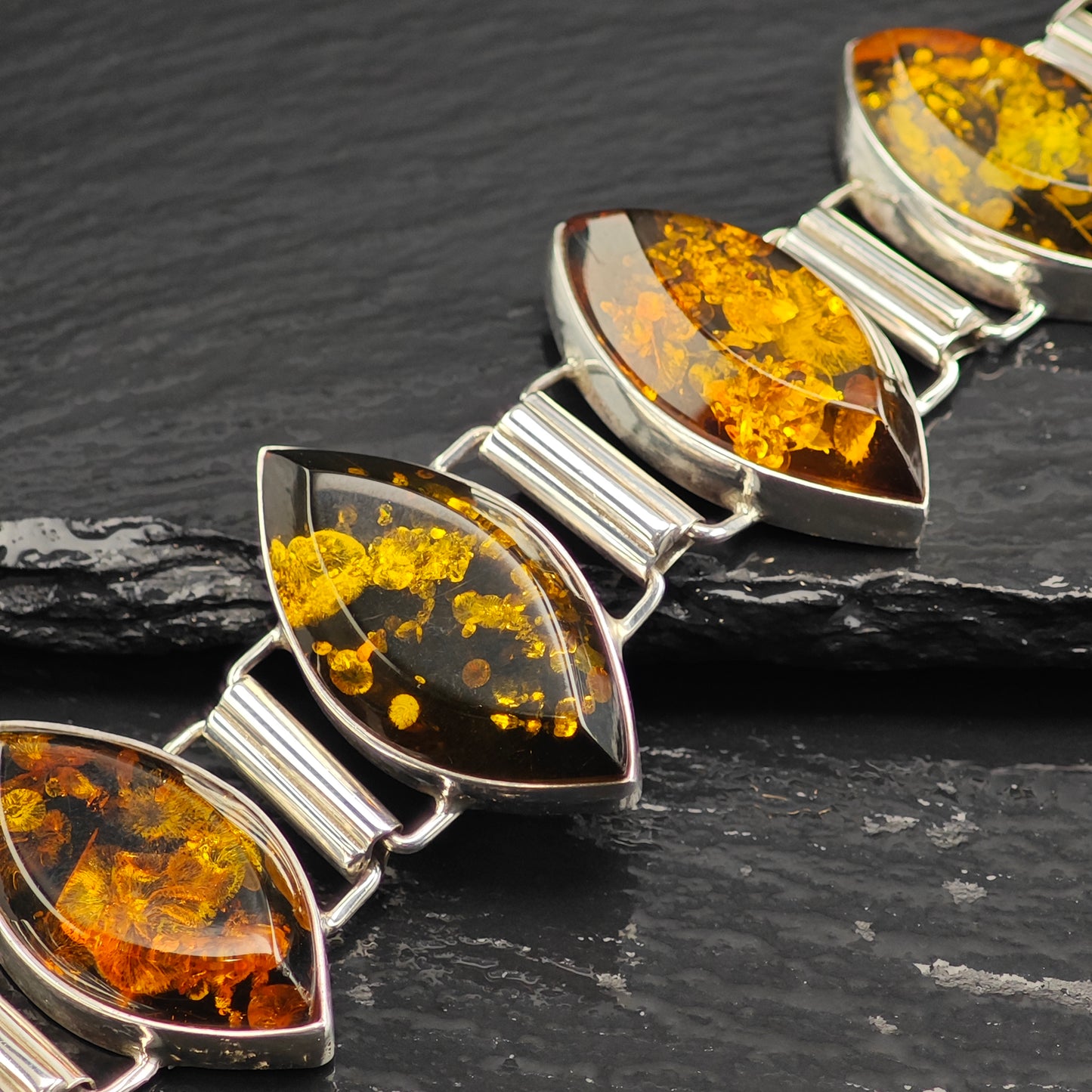 Large Baltic Amber Link Bracelet Sterling Silver Sz 7" BR3107Dor