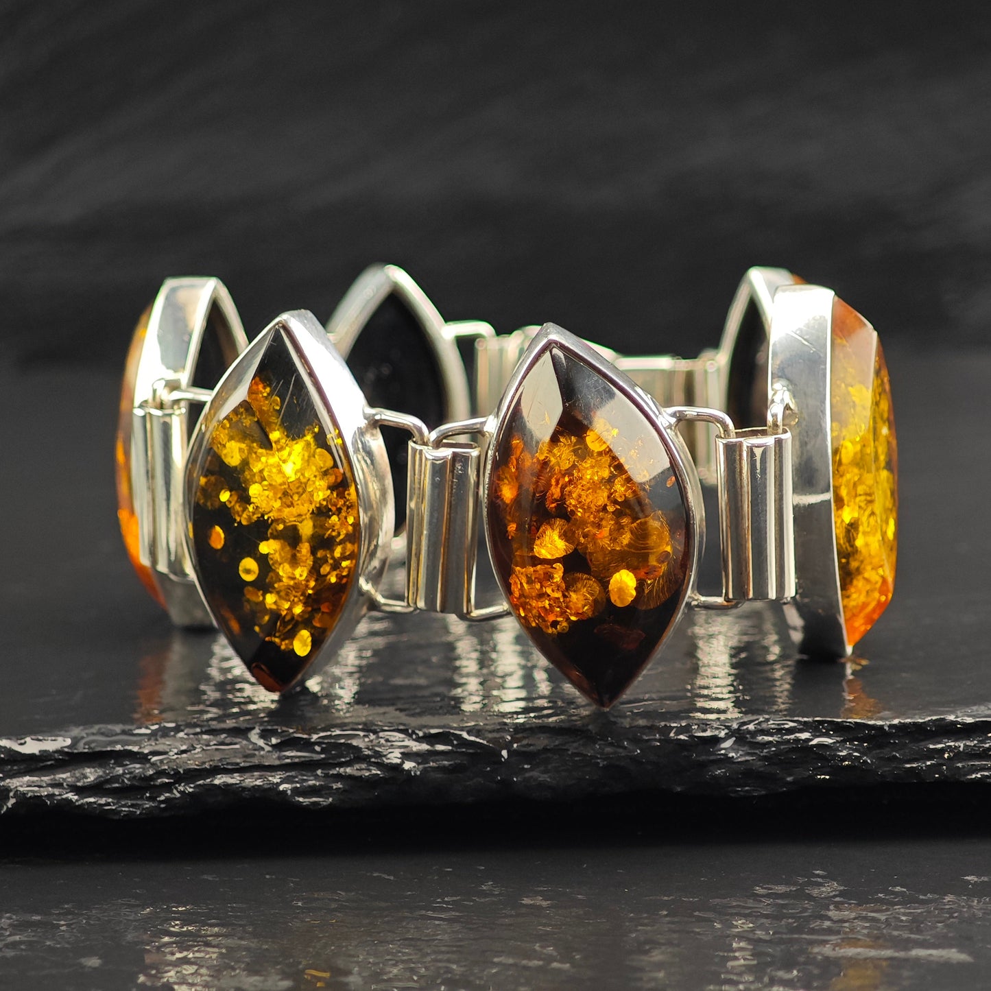 Large Baltic Amber Link Bracelet Sterling Silver Sz 7" BR3107Dor