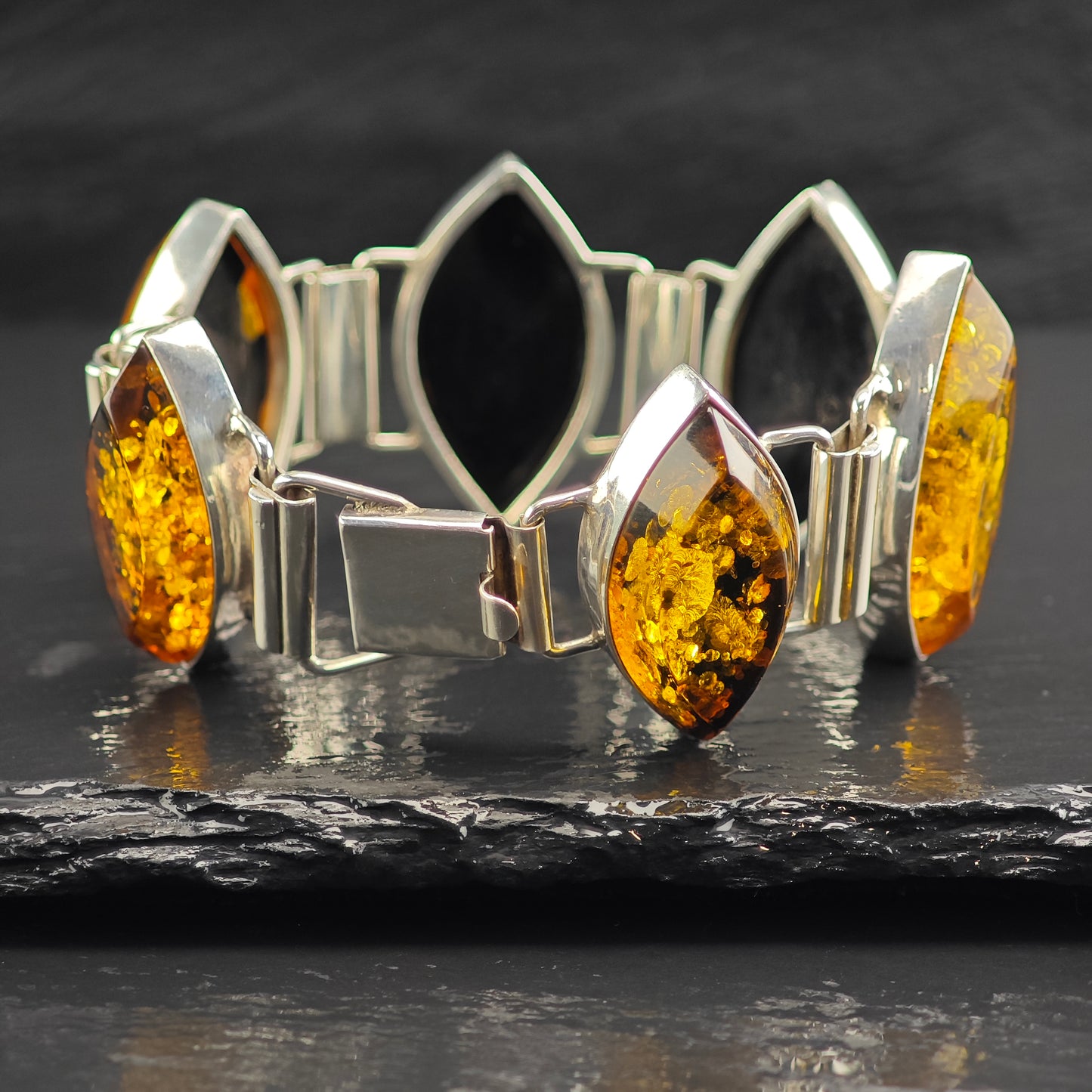 Large Baltic Amber Link Bracelet Sterling Silver Sz 7" BR3107Dor
