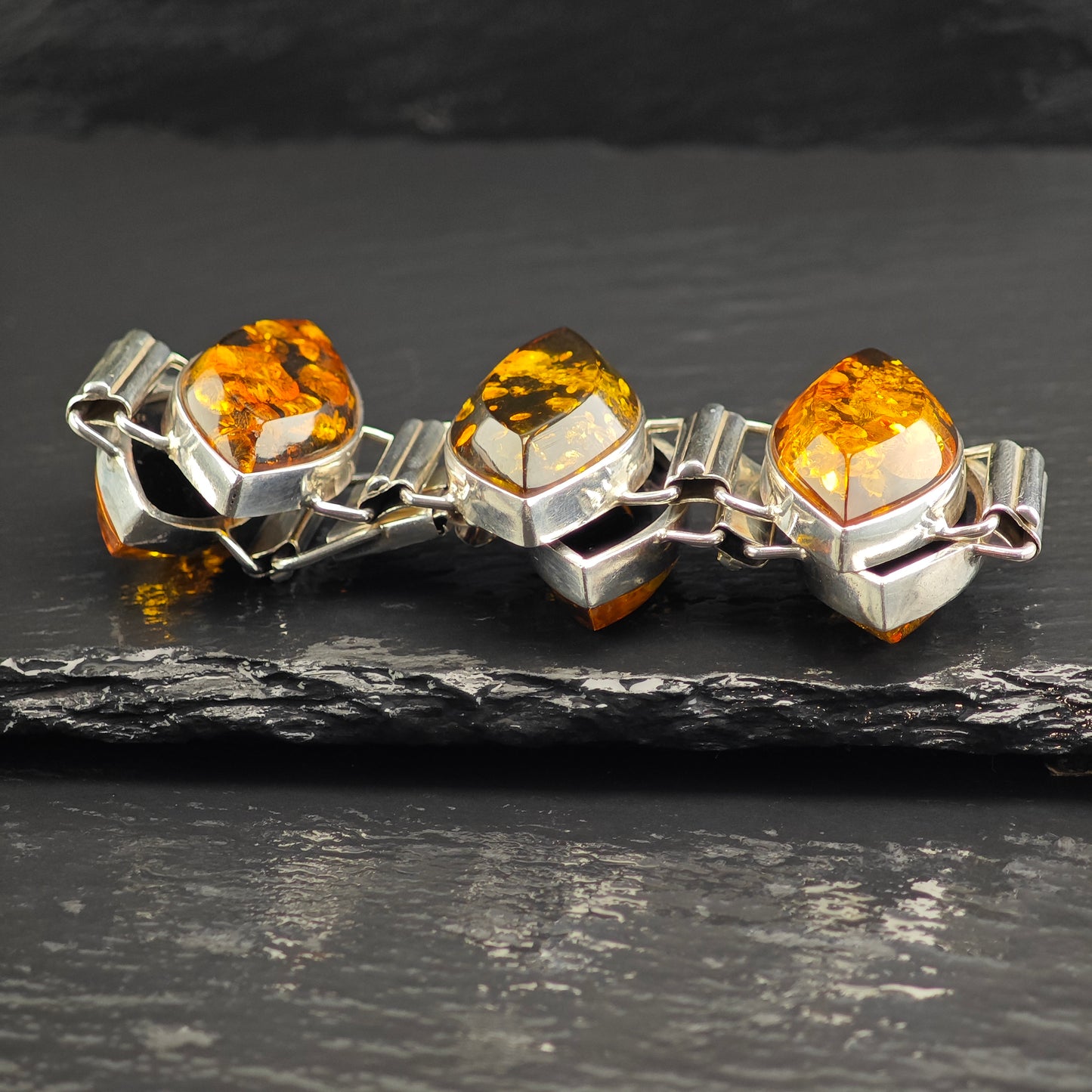 Large Baltic Amber Link Bracelet Sterling Silver Sz 7" BR3107Dor