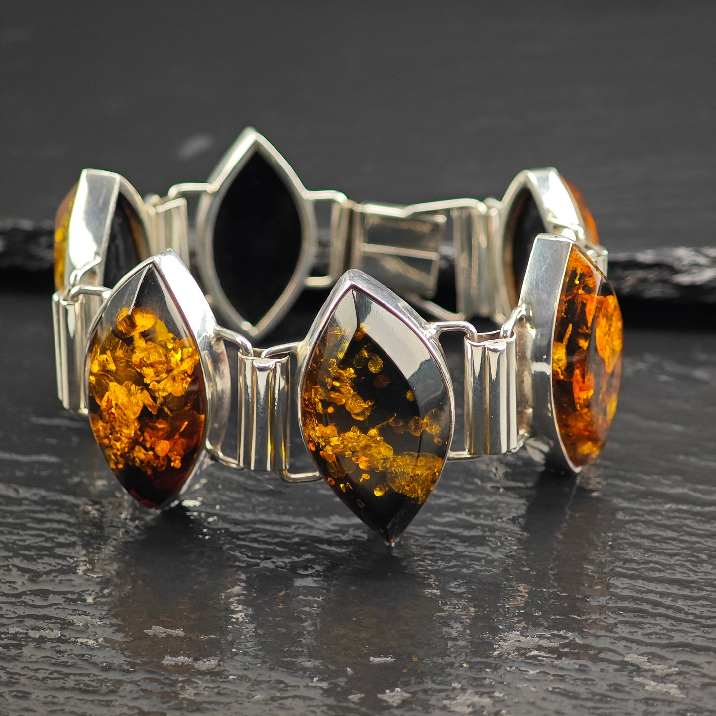 Large Baltic Amber Link Bracelet Sterling Silver Sz 7" BR3107Dor