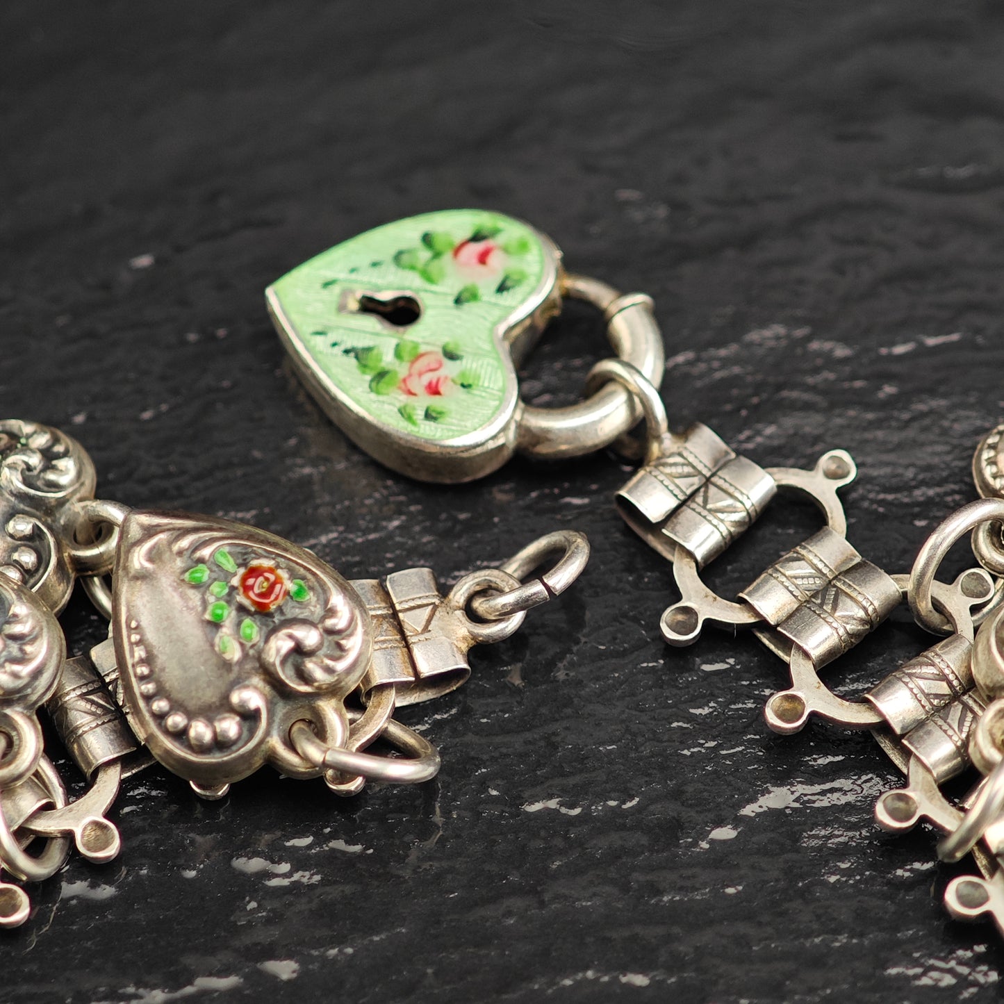 Walter Lampl Multi-Heart Enamel Sterling Silver Charm Bracelet Sz 7" BR3109Dor