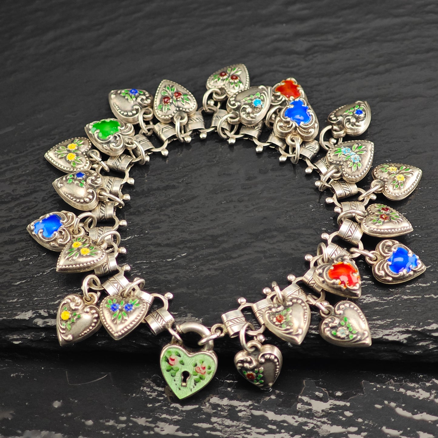 Walter Lampl Multi-Heart Enamel Sterling Silver Charm Bracelet Sz 7" BR3109Dor