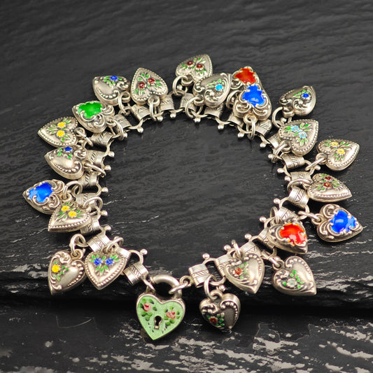 Walter Lampl Multi-Heart Enamel Sterling Silver Charm Bracelet Sz 7" BR3109Dor