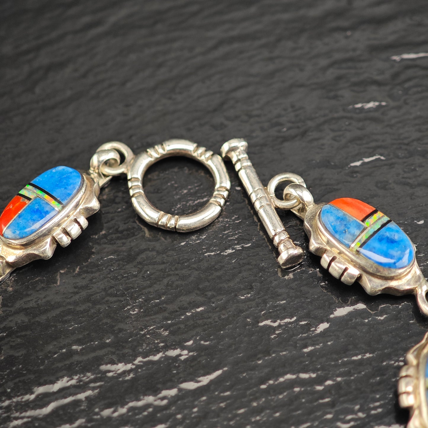 SW Coral Opal Lapis Inlay Sterling Silver Link Bracelet Sz 7" BR3111Dor