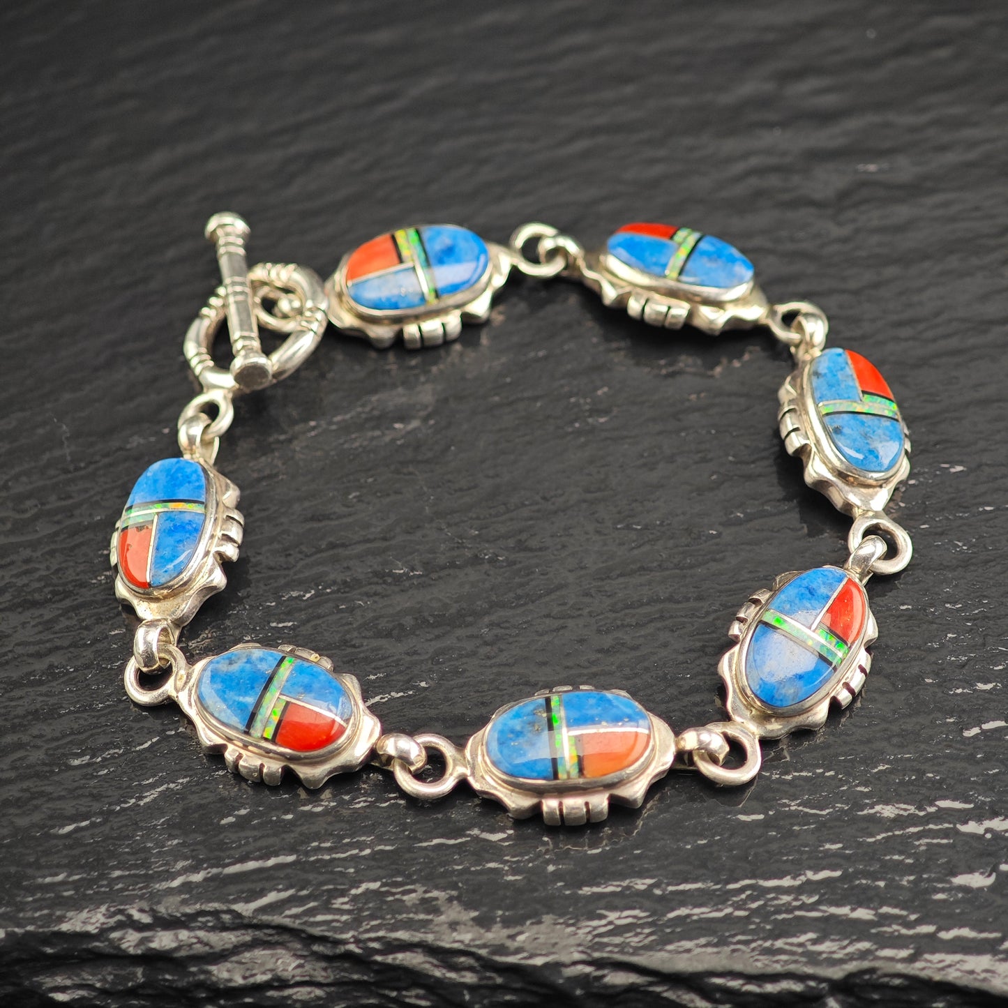 SW Coral Opal Lapis Inlay Sterling Silver Link Bracelet Sz 7" BR3111Dor