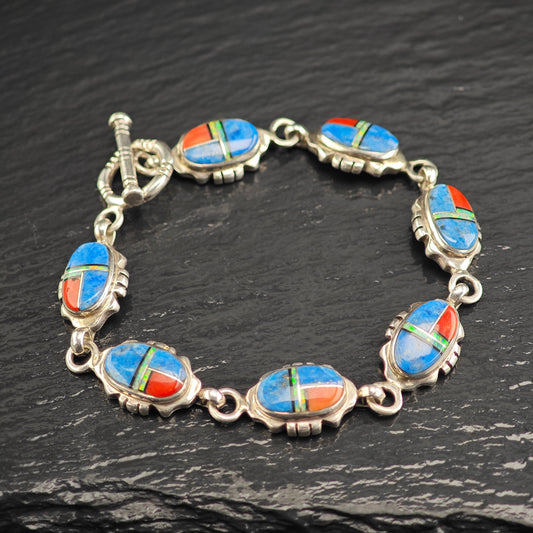 SW Coral Opal Lapis Inlay Sterling Silver Link Bracelet Sz 7" BR3111Dor