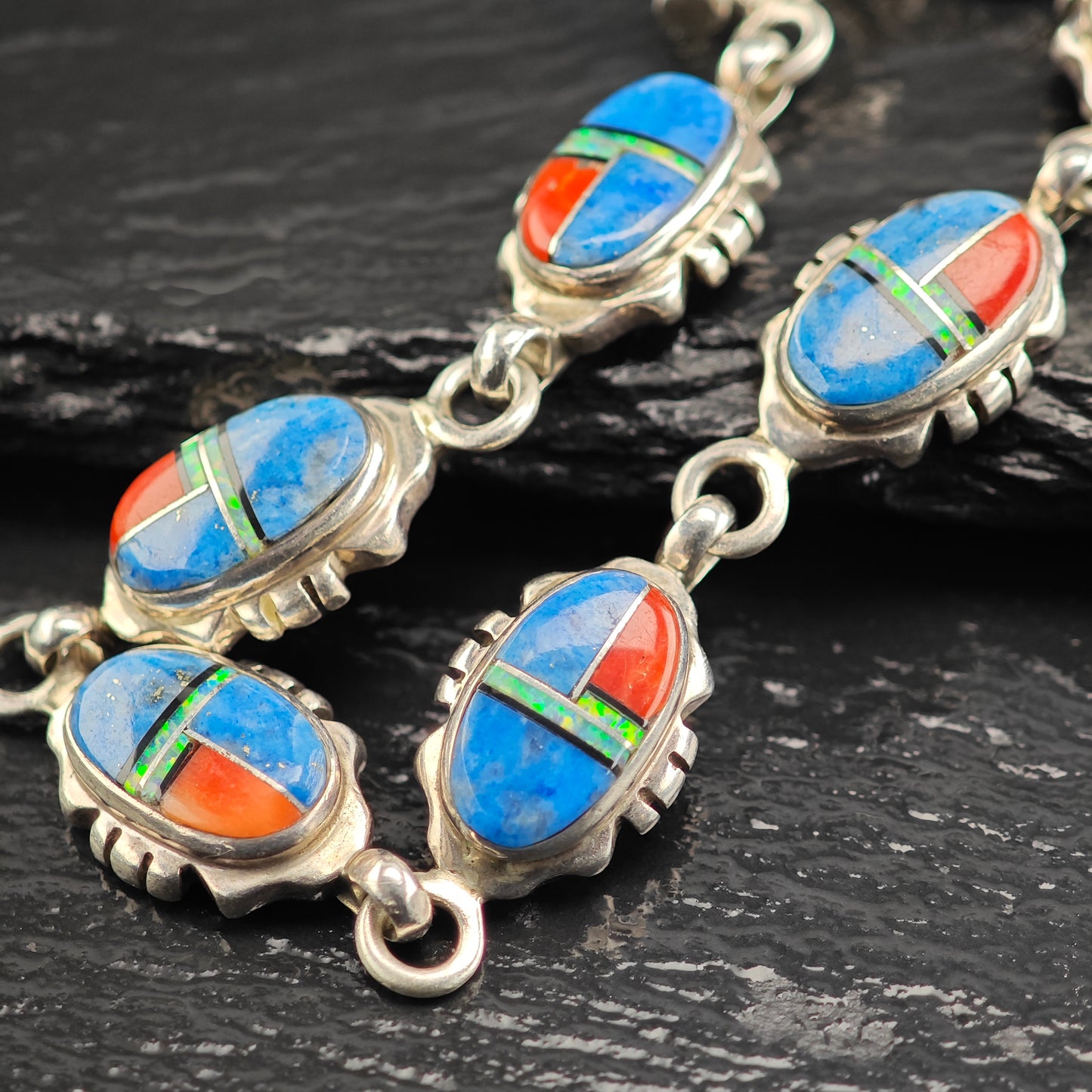 SW Coral Opal Lapis Inlay Sterling Silver Link Bracelet Sz 7" BR3111Dor