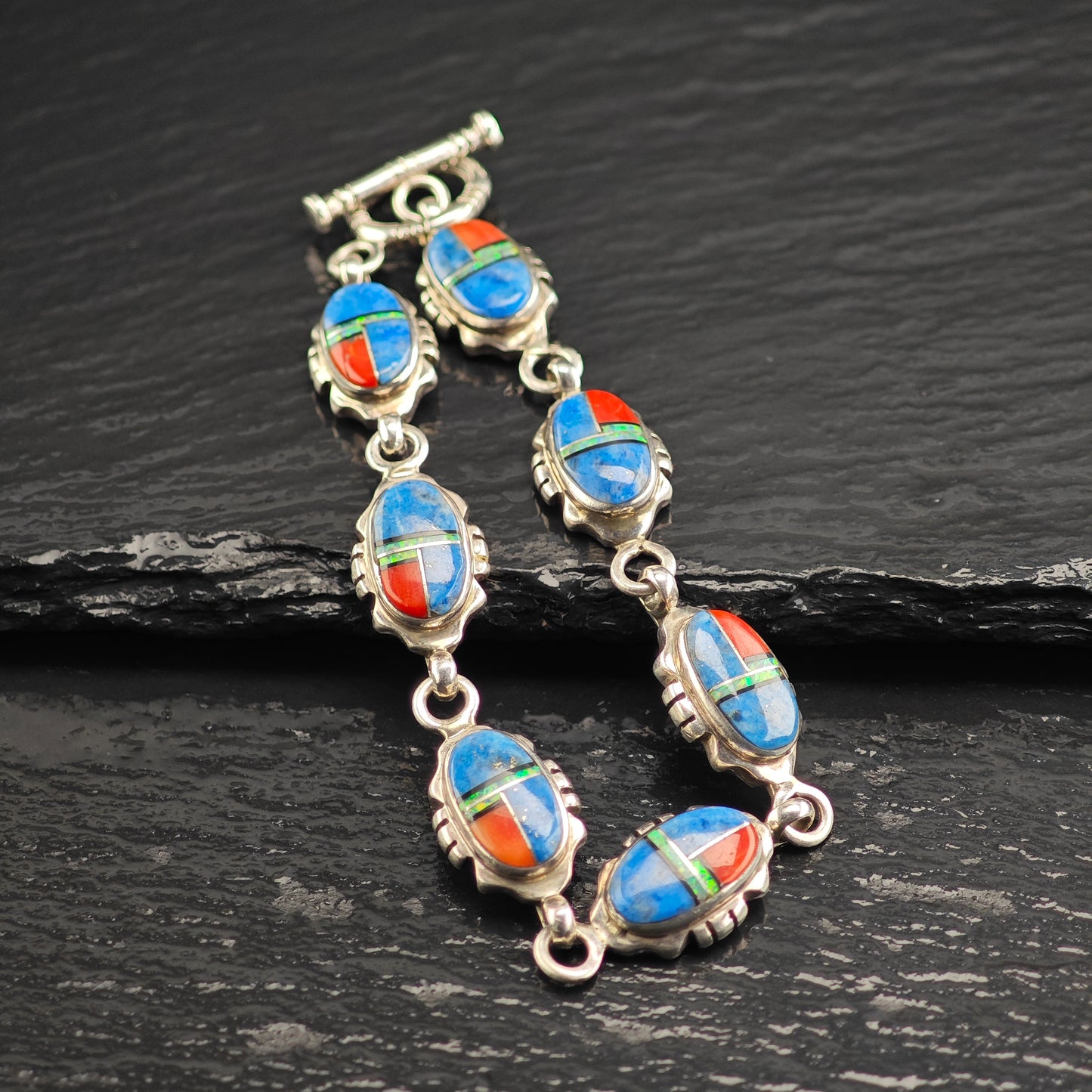 SW Coral Opal Lapis Inlay Sterling Silver Link Bracelet Sz 7" BR3111Dor
