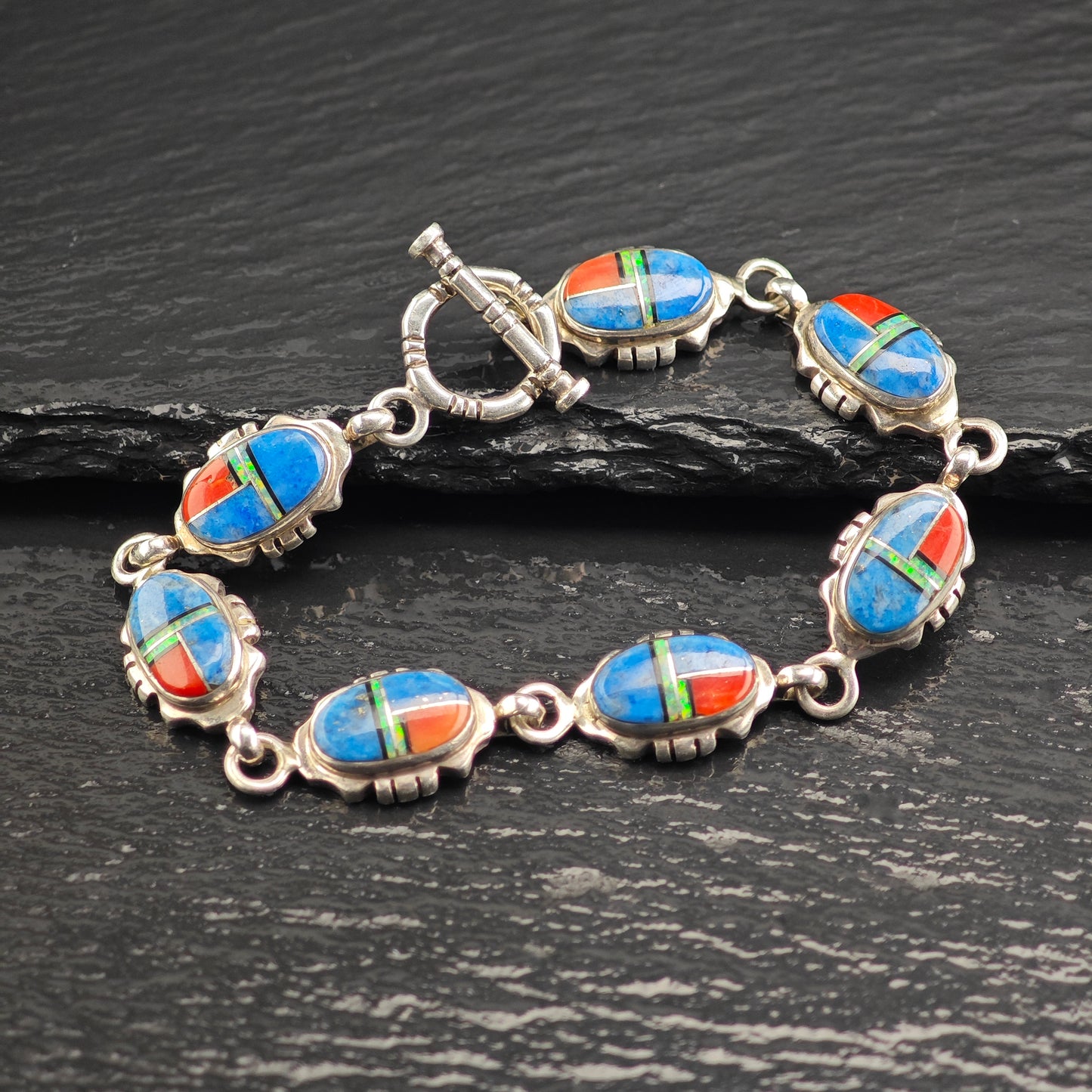 SW Coral Opal Lapis Inlay Sterling Silver Link Bracelet Sz 7" BR3111Dor