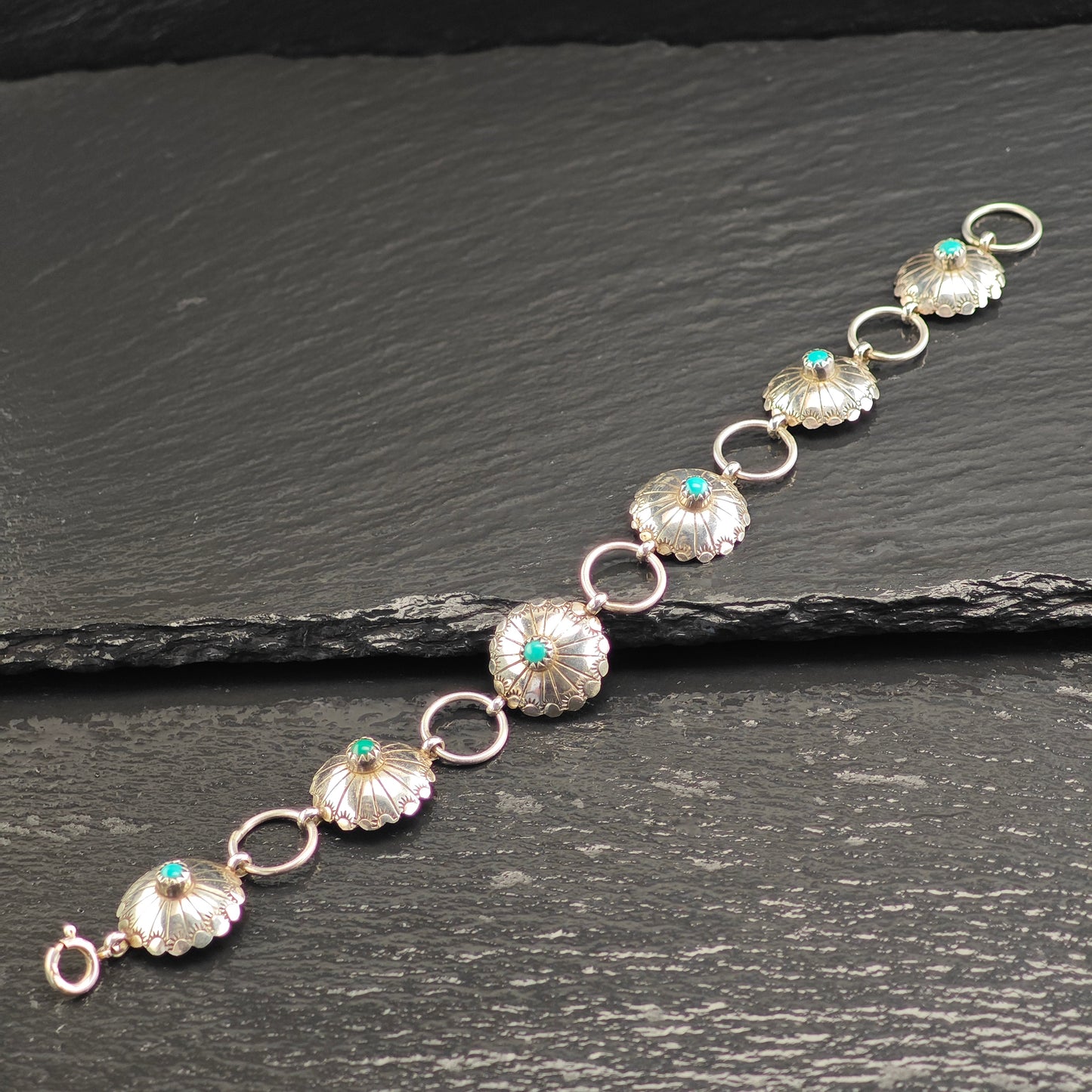 Vintage Native American Turquoise Concho Sterling Silver Link Bracelet Sz 7 3/4" BR3112Dor