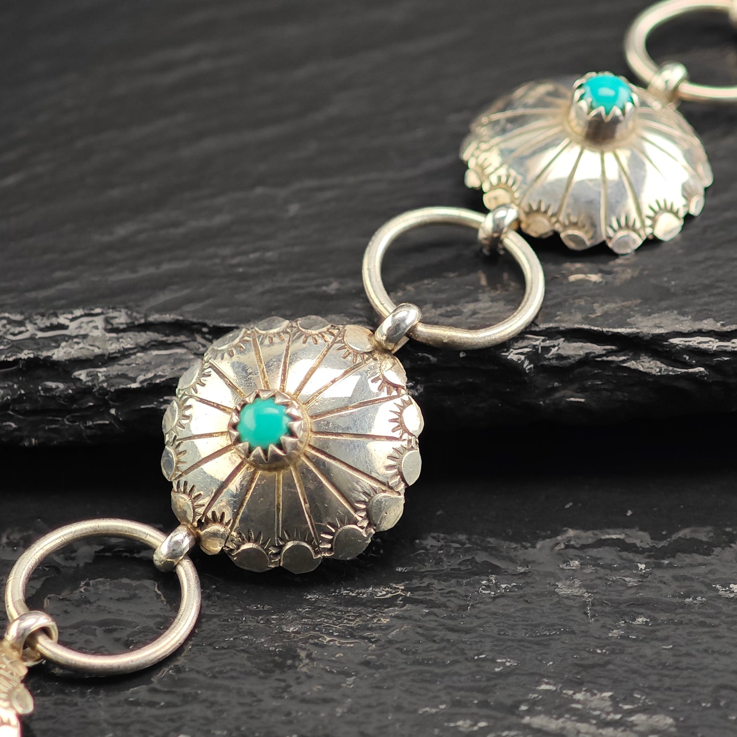 Vintage Native American Turquoise Concho Sterling Silver Link Bracelet Sz 7 3/4" BR3112Dor
