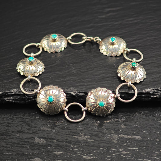 Vintage Native American Turquoise Concho Sterling Silver Link Bracelet Sz 7 3/4" BR3112Dor
