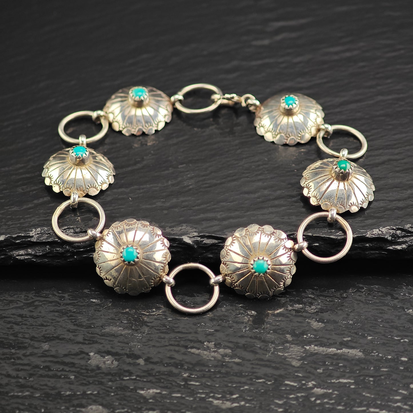 Vintage Native American Turquoise Concho Sterling Silver Link Bracelet Sz 7 3/4" BR3112Dor