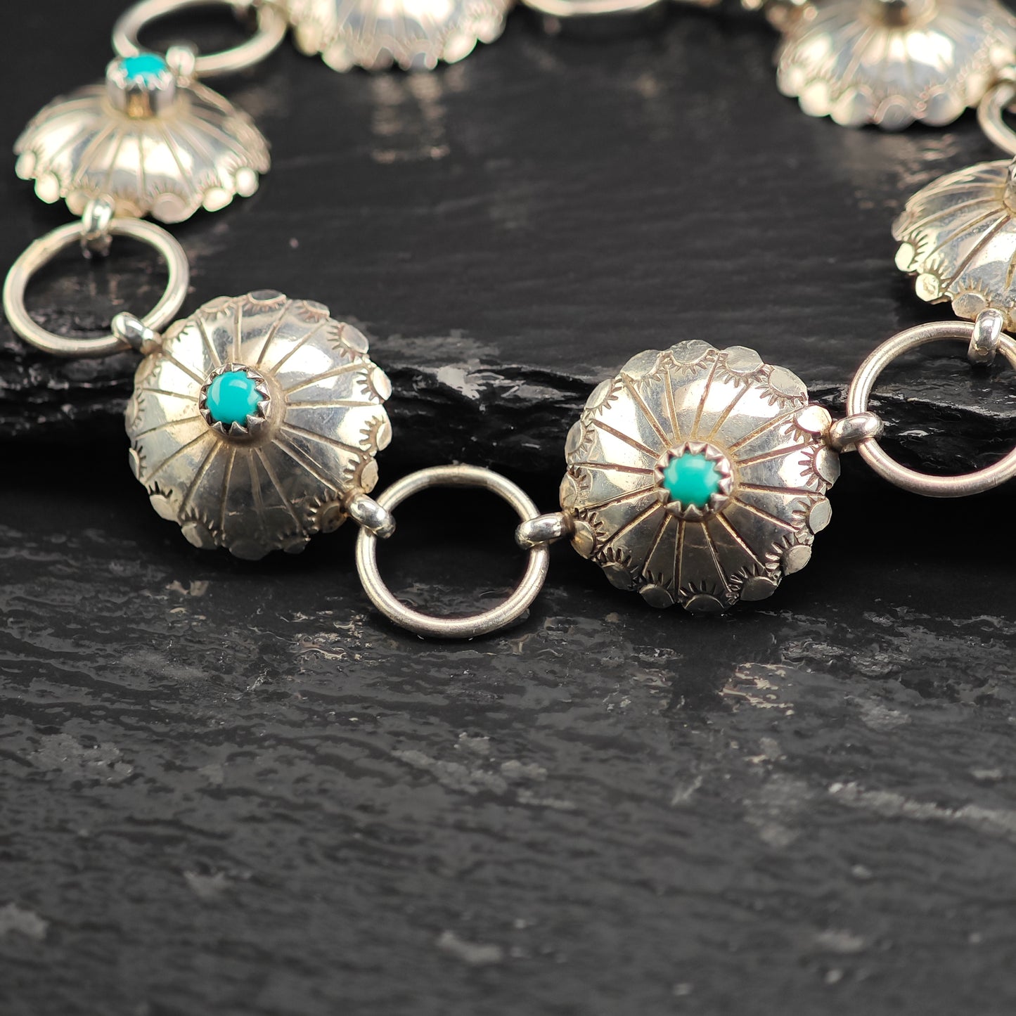 Vintage Native American Turquoise Concho Sterling Silver Link Bracelet Sz 7 3/4" BR3112Dor