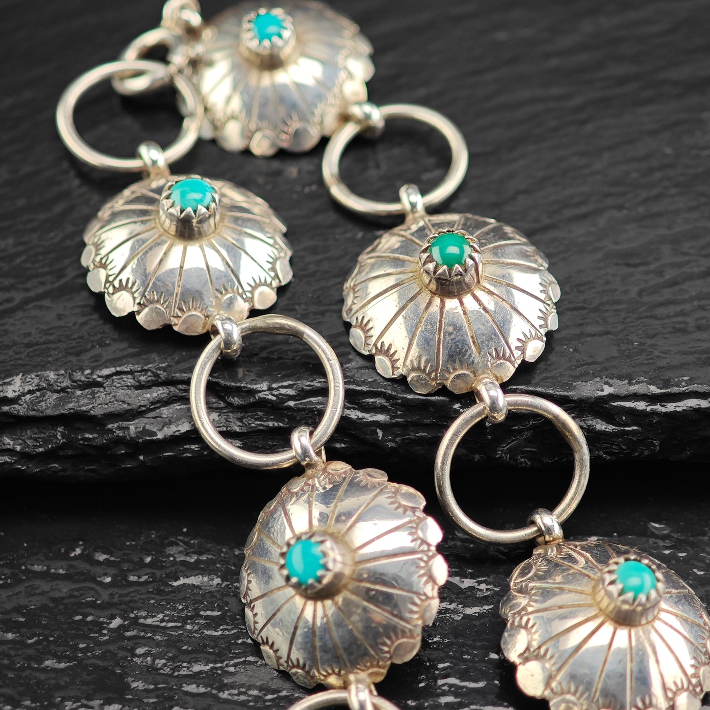 Vintage Native American Turquoise Concho Sterling Silver Link Bracelet Sz 7 3/4" BR3112Dor