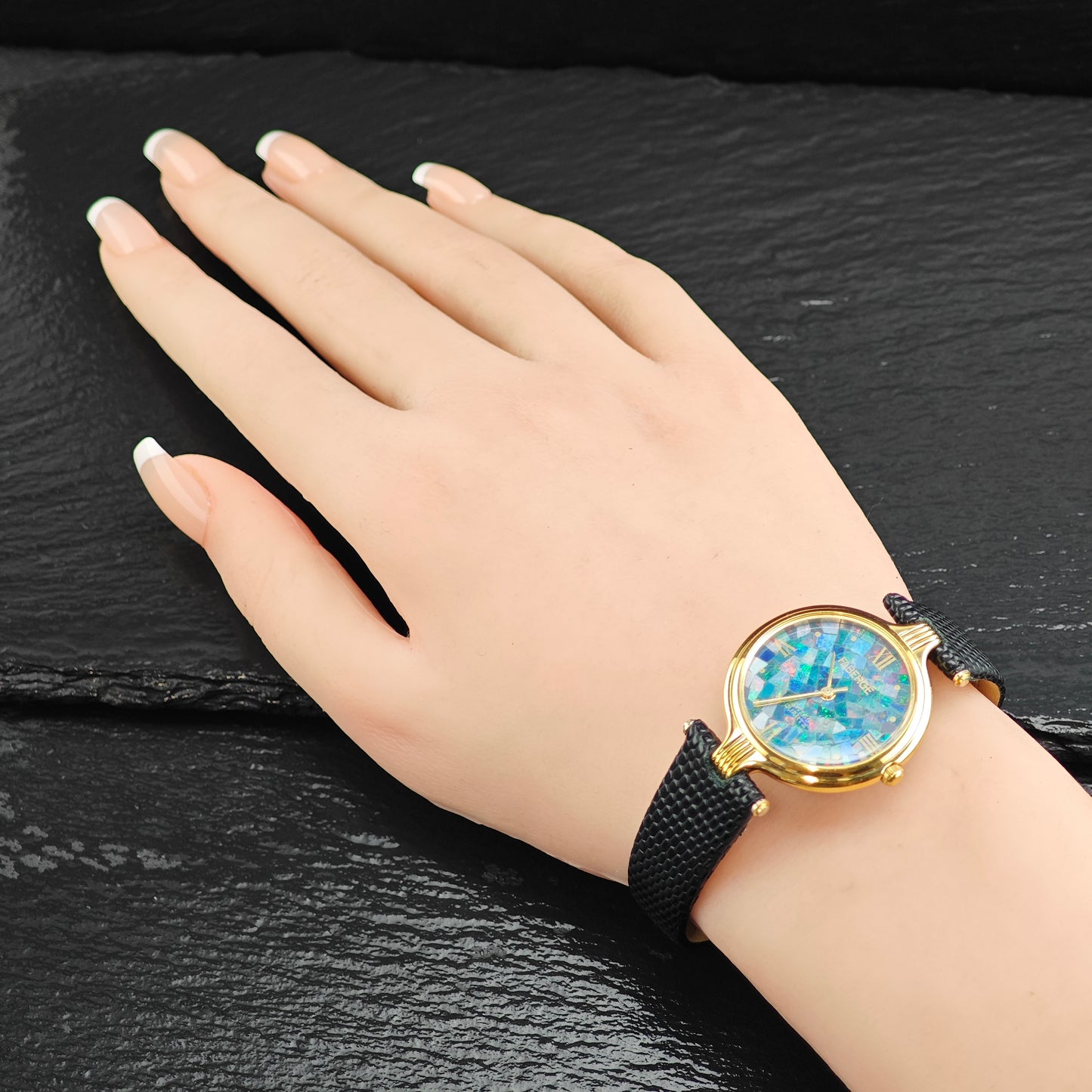 Faberge Swiss Quartz Black Opal Mosaic Dial Watch Sz 5" to 6 3/4" MISC0379