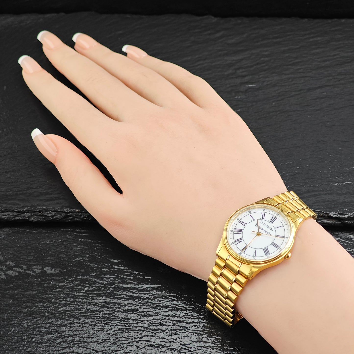 AS IS 33mm Portfolio Tiffany Gold Plated Stainless Steel Watch Sz 7 1/2" Previously Engraved BR3104