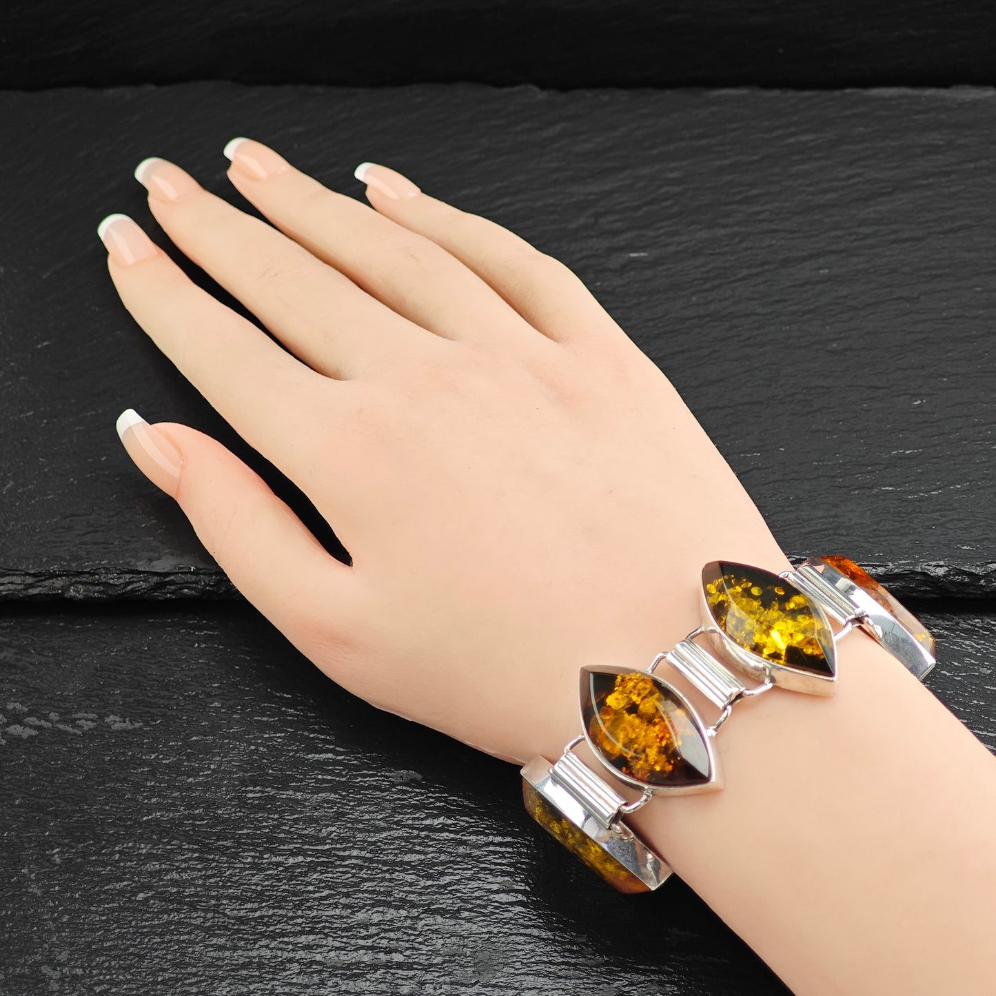 Large Baltic Amber Link Bracelet Sterling Silver Sz 7" BR3107Dor
