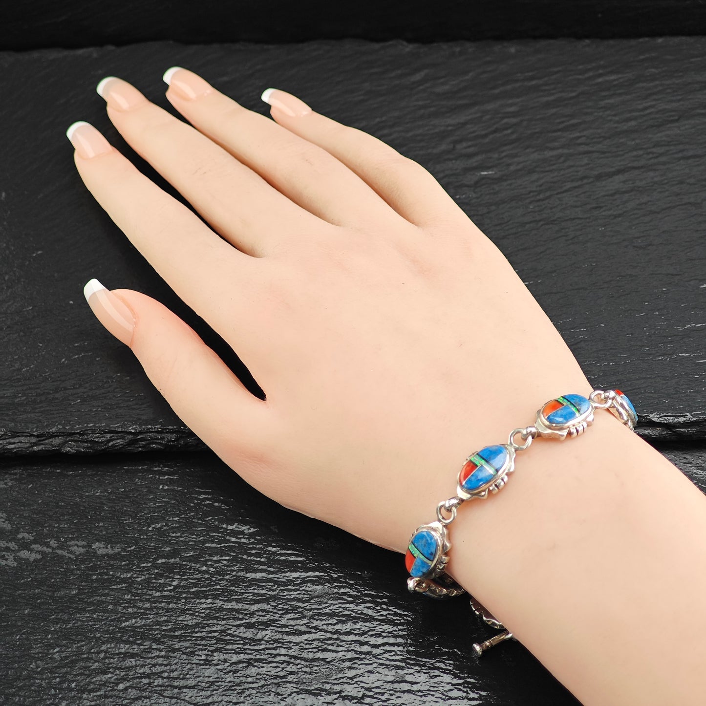 SW Coral Opal Lapis Inlay Sterling Silver Link Bracelet Sz 7" BR3111Dor
