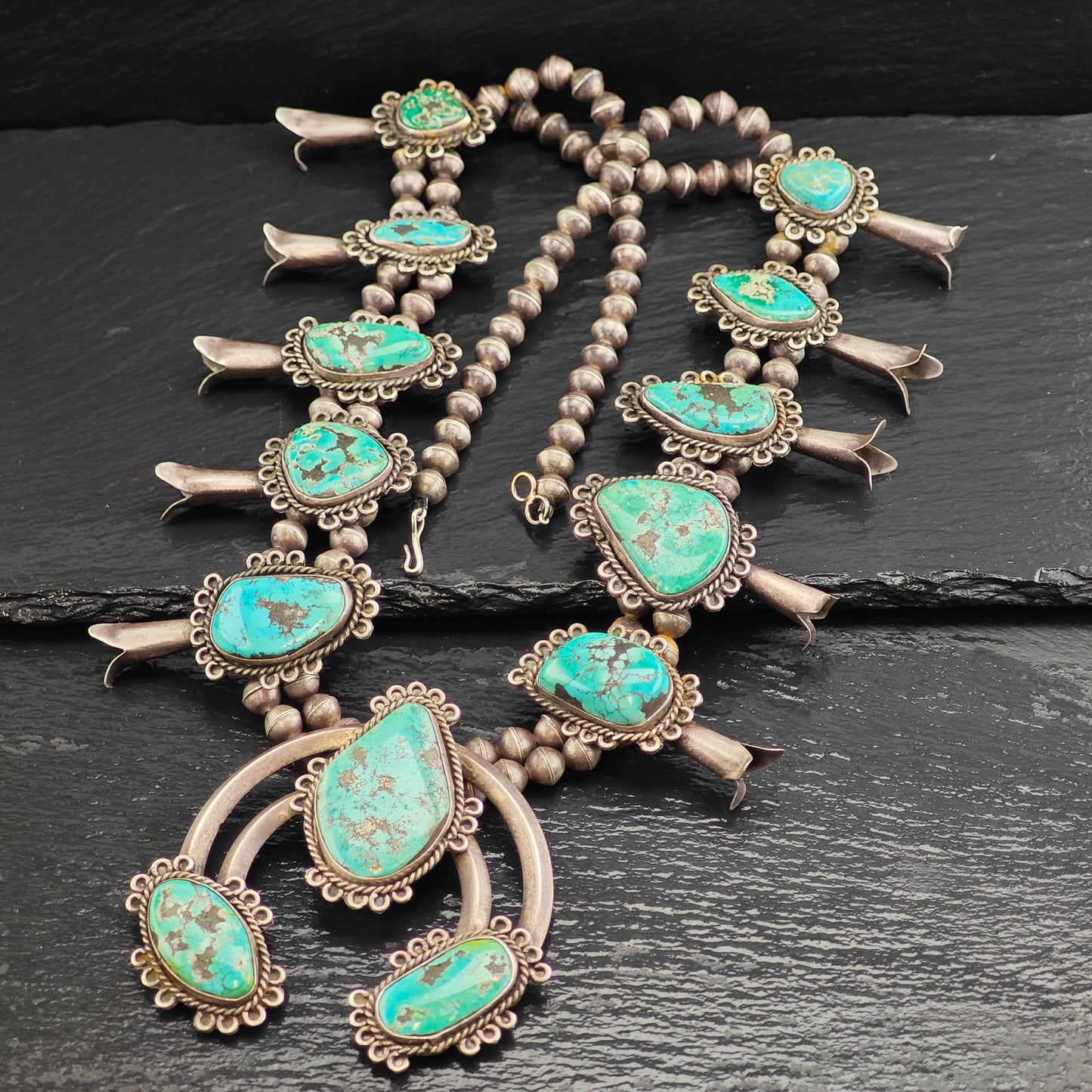 Vintage Native American Sterling Silver, Morenci Turquoise Squash Blossom Necklace  N2709