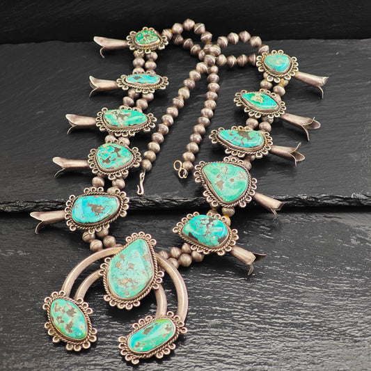 Vintage Native American Sterling Silver, Morenci Turquoise Squash Blossom Necklace  N2709