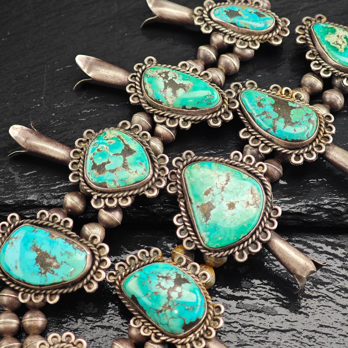 Vintage Native American Sterling Silver, Morenci Turquoise Squash Blossom Necklace  N2709
